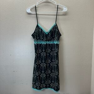 Bay Studio Y2K Floral Slip Dress Size Medium Lace Whimsigoth Babydoll Turquoise‎